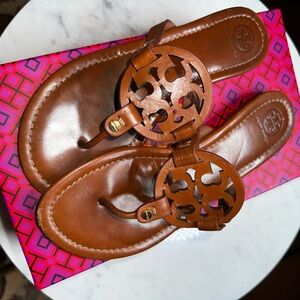 Tory Burch Authentic Brown Leather Sandals with Logo Design